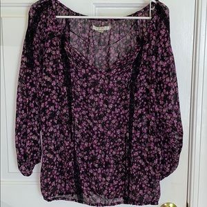 Lauren Conrad Black & purple floral 3/4 sleeve top